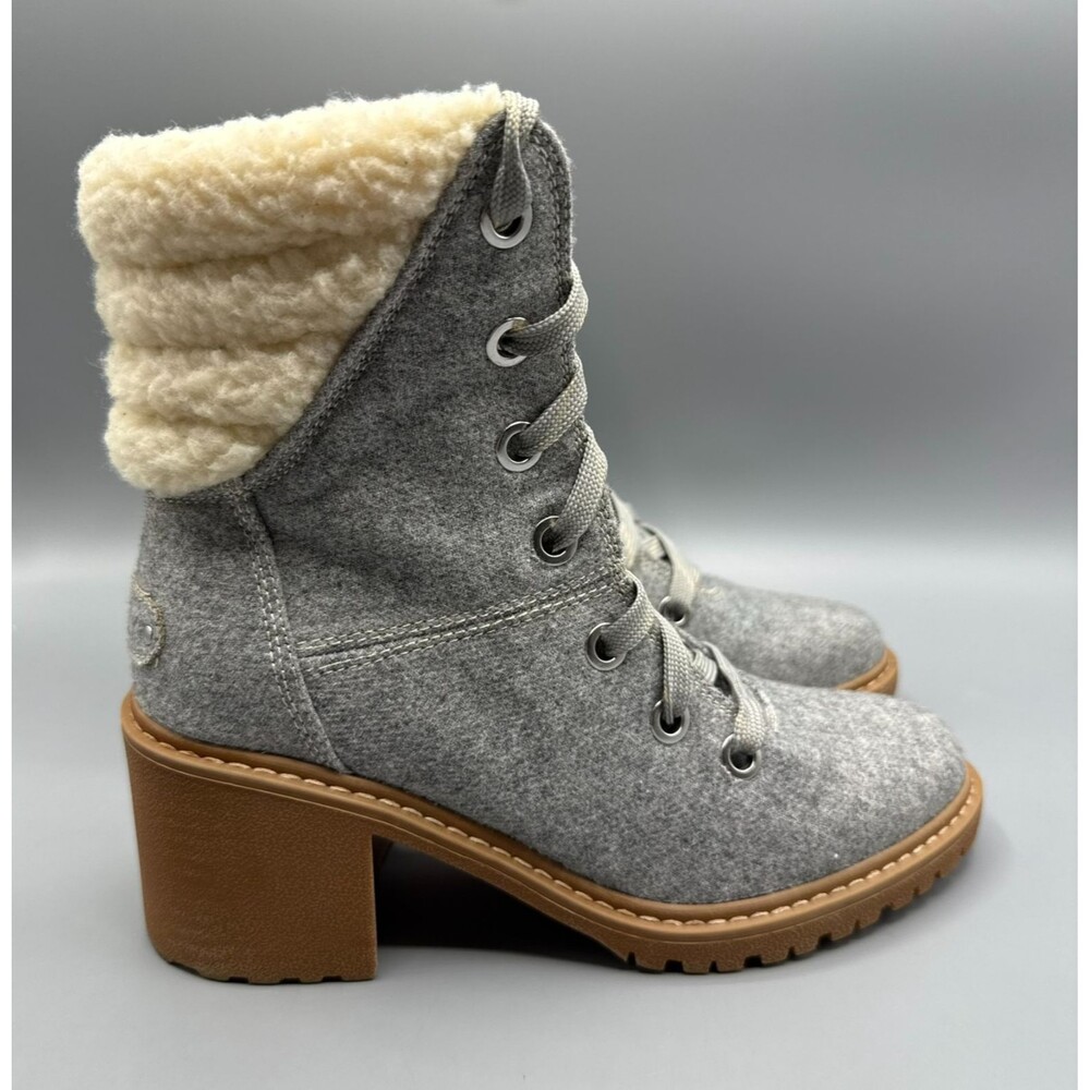 Roxy Women’s Gray Lace-Up Zip Ankle Boots Faux Shearling Lined Block Heel Size 8 - Picture 2 of 15